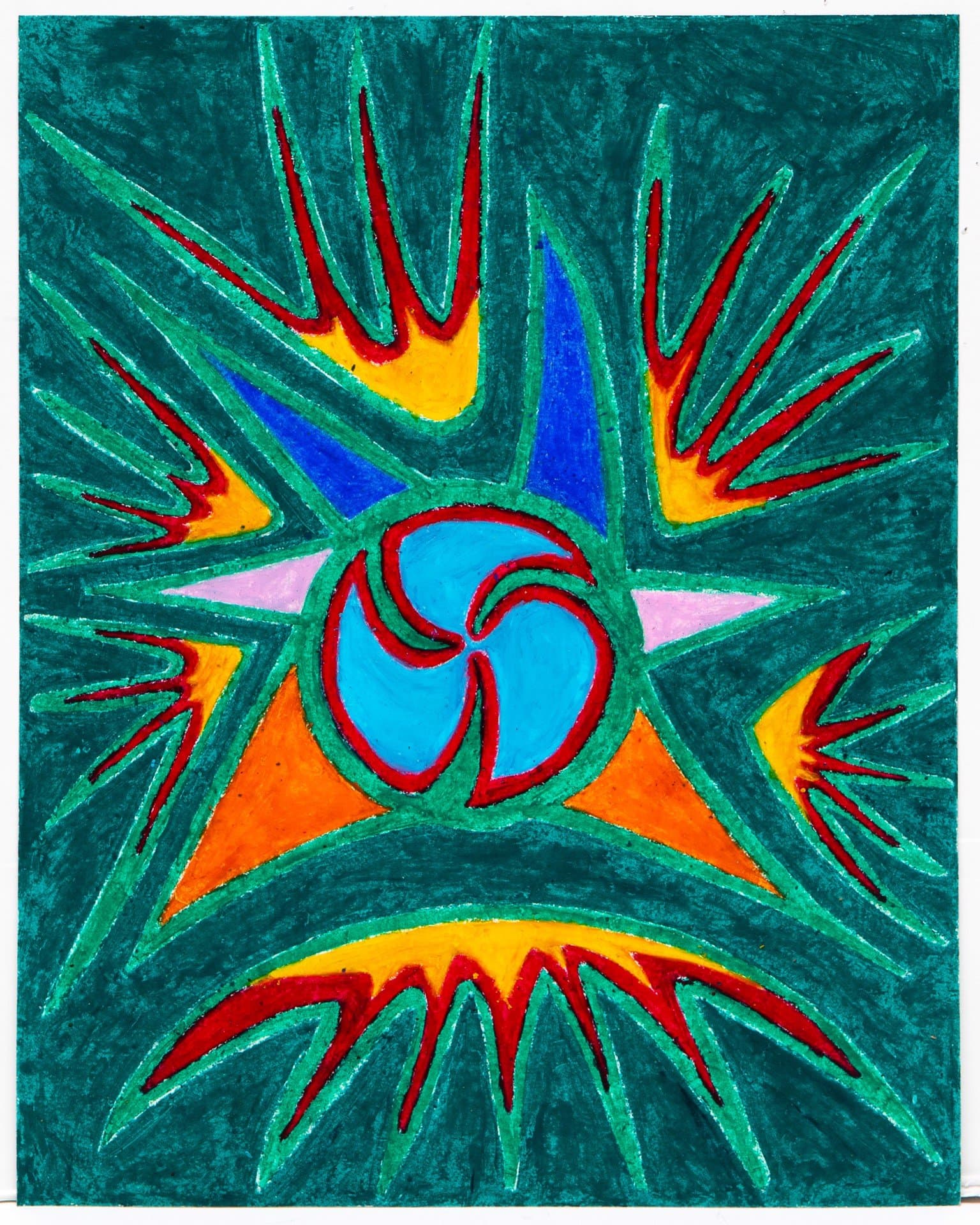 Pastel drawing featuring radiating geometric patterns with blue spiral center and vibrant colors on teal background