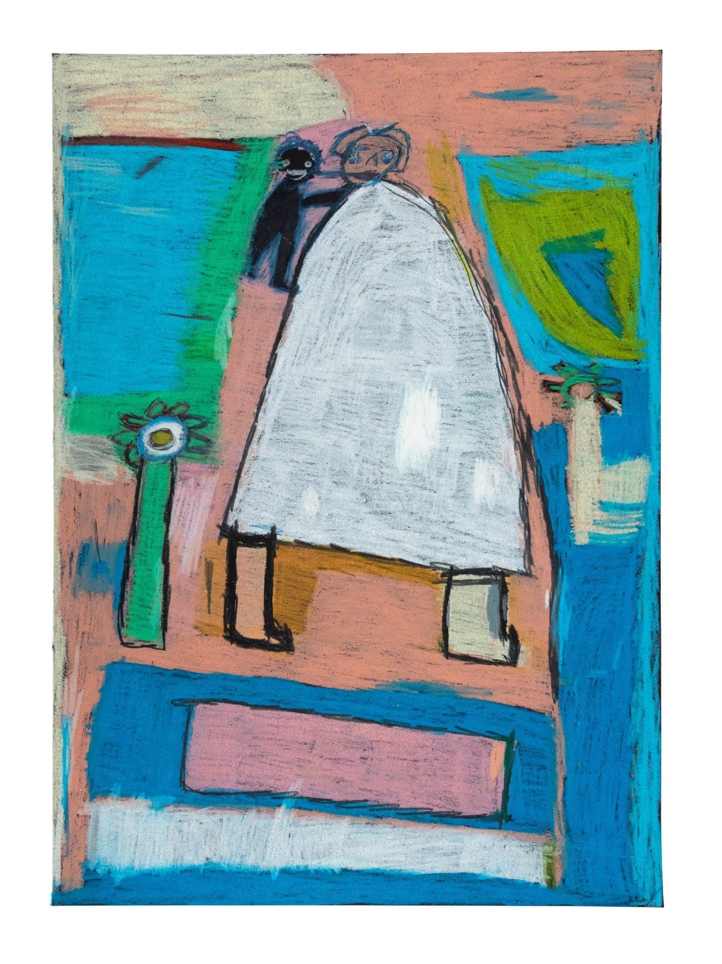 Mixed media drawing of a white triangular figure with black details standing on geometric colored blocks in blue, pink, and green.