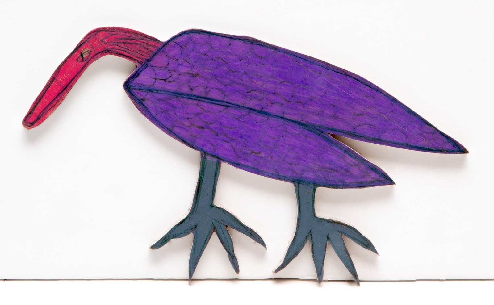 Cut-out wooden bird sculpture colored in purple, red, and teal with Prismastix, shown in profile against white.