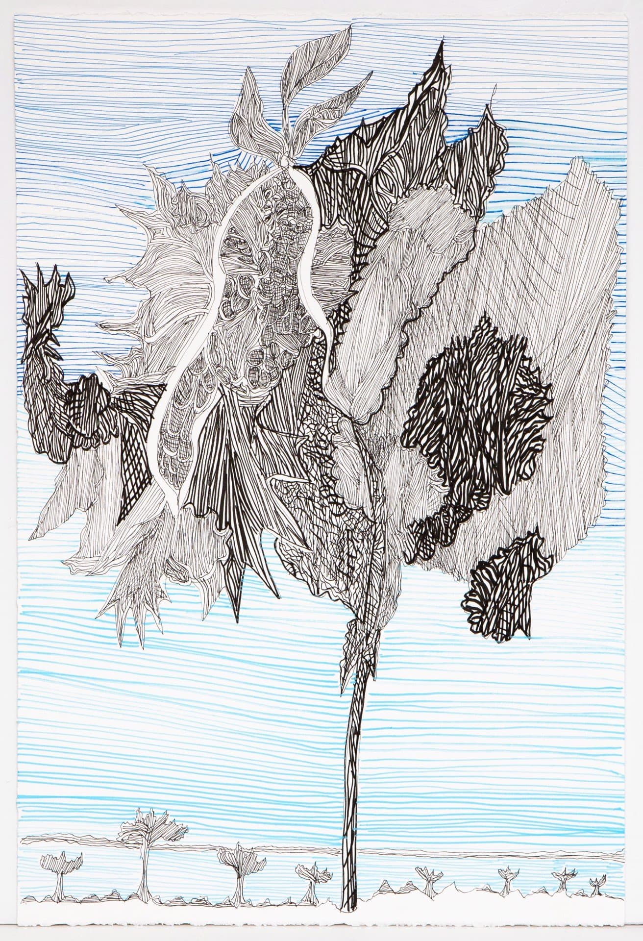 Pen drawing of a large tree with detailed foliage against horizontal blue lines on white paper.