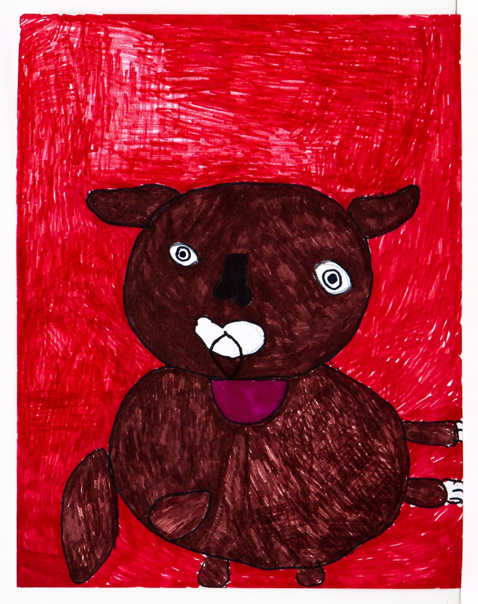 Drawing of a brown bear with white eyes and teeth on bright red background, pen on paper.