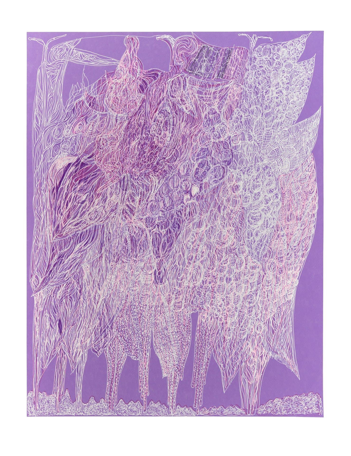 Abstract ink drawing on paper with intricate linear patterns in purple and white, featuring organic flowing forms