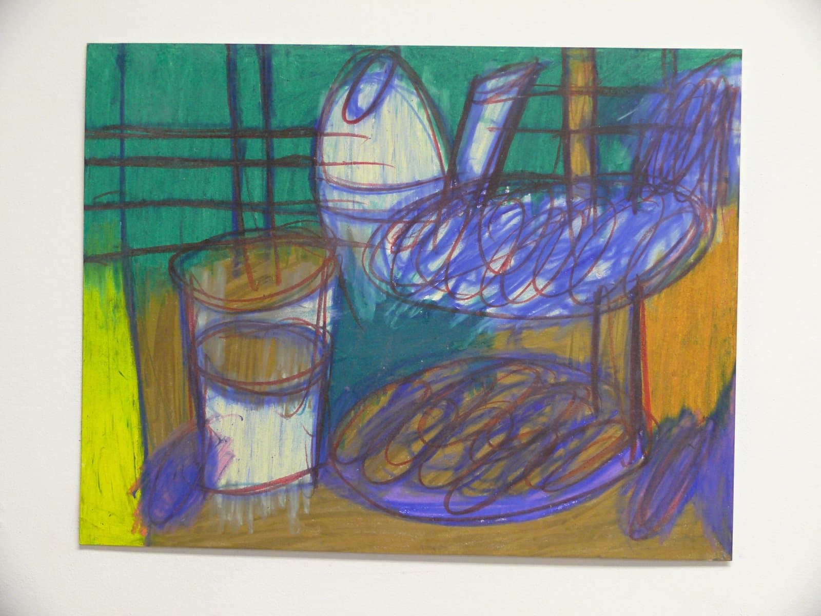Mixed media drawing of kitchen objects including teapot, glass, and plate with bold purple outlines on colorful background