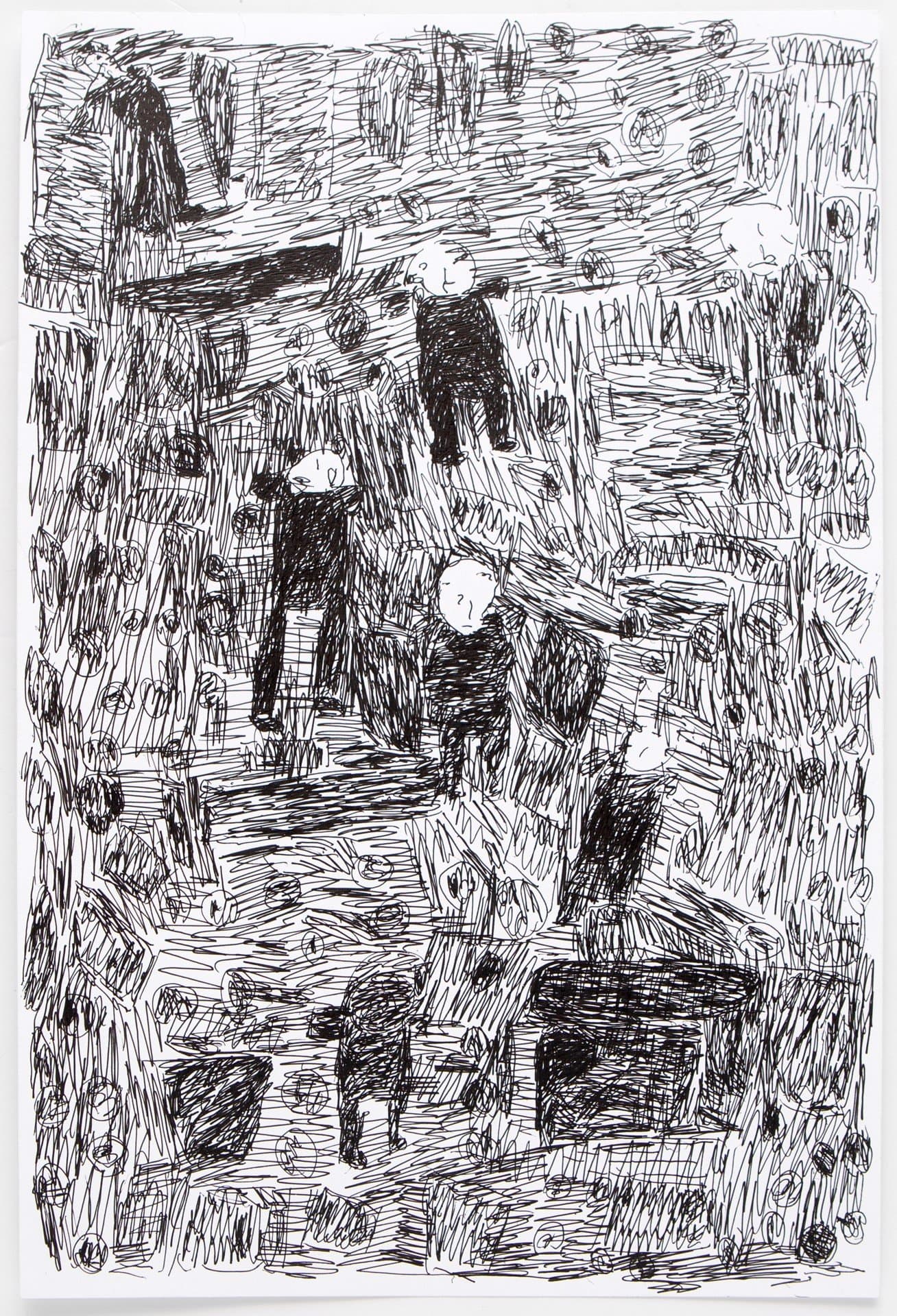 Pen and ink drawing with dense crosshatched figures and geometric forms filling the entire composition on white paper.