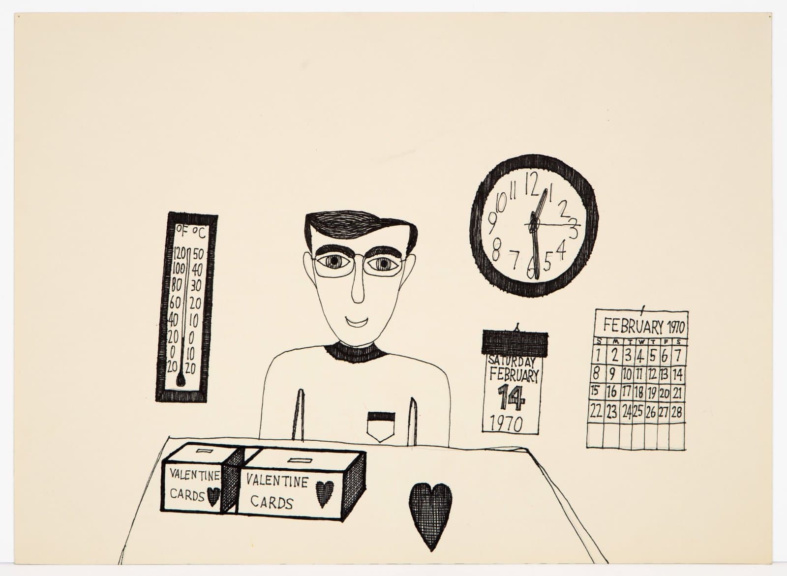 Ink drawing of a man with glasses at a desk with Valentine's cards, surrounded by a thermometer, clock, and calendar.