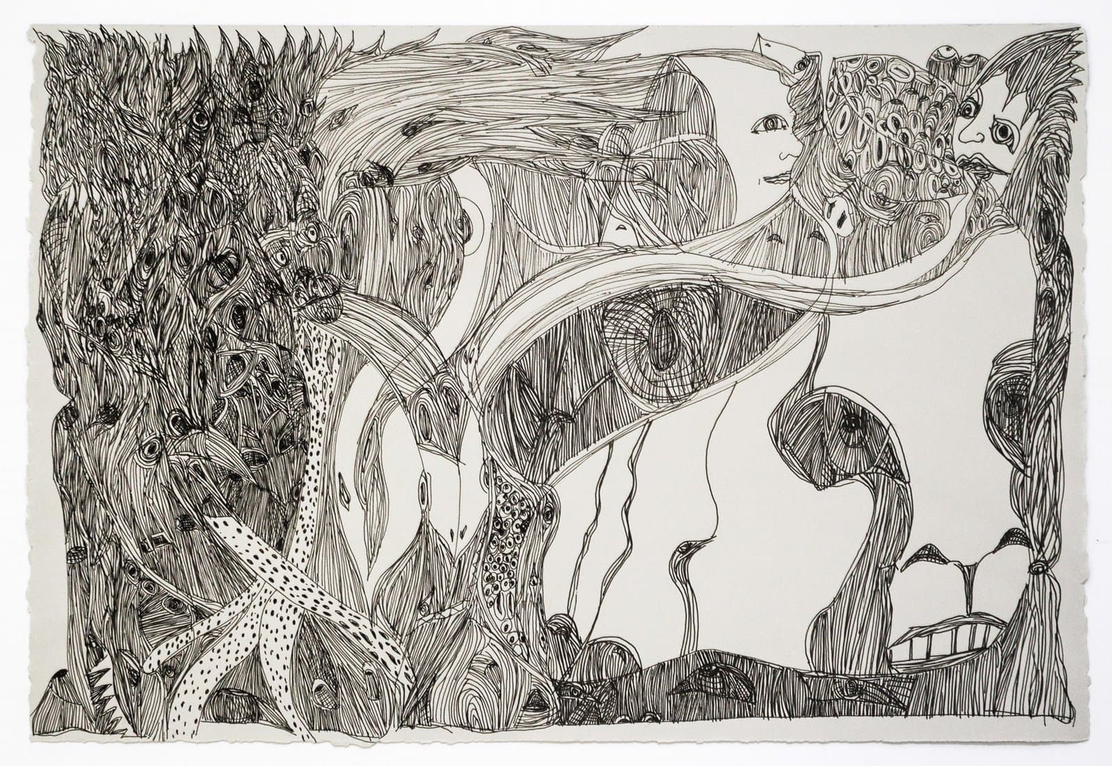 Black ink drawing on white paper featuring intertwining organic forms, flowing hair, and fantastical creatures
