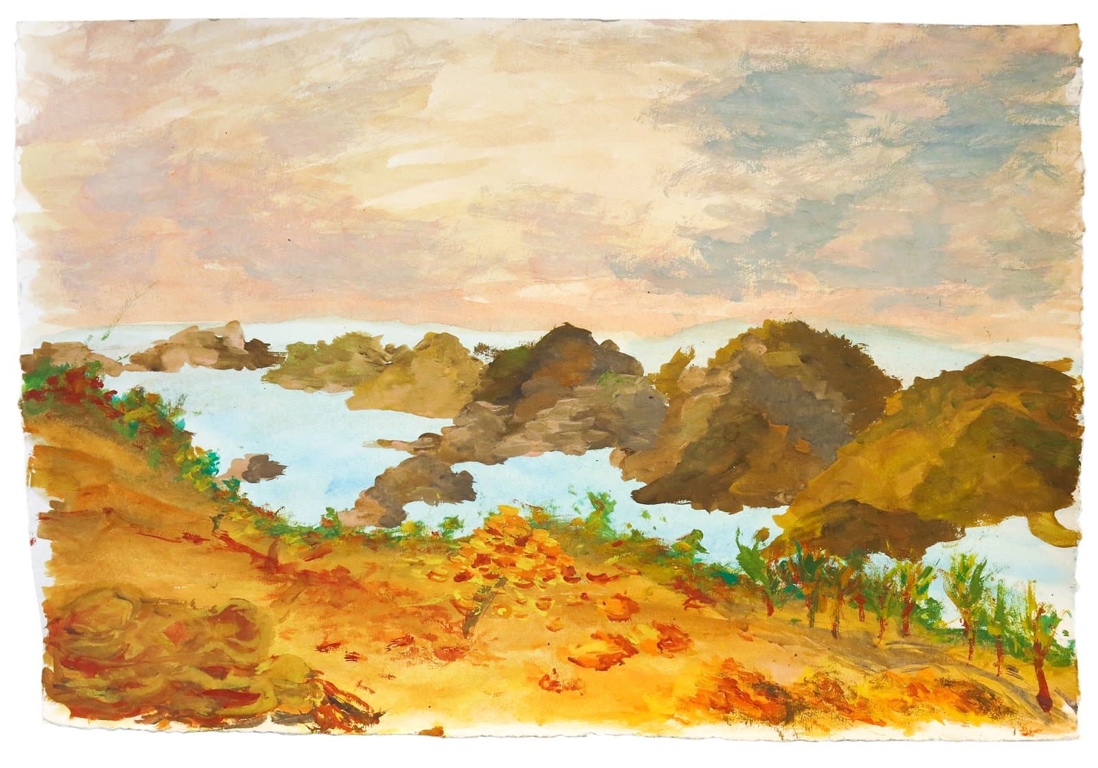 Coastal landscape painting in gouache or watercolor with rocky outcroppings, blue water, golden foreground, and cloudy sky.