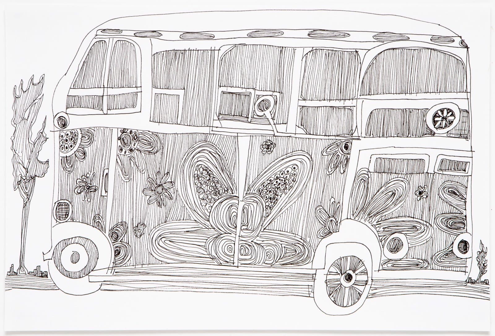 Ink drawing of a Volkswagen bus decorated with intricate floral and circular patterns covering its exterior on white paper.