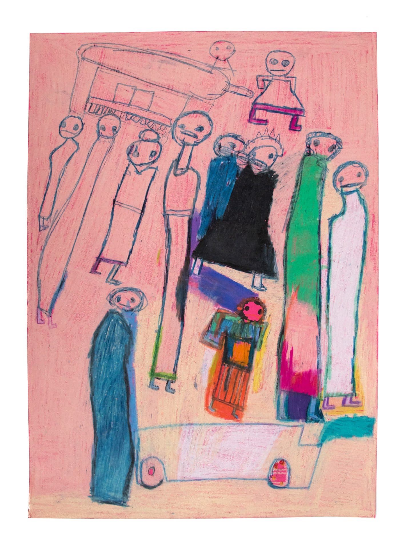 Mixed media drawing on pink paper with stick figures around geometric structures, using crayon and pencil