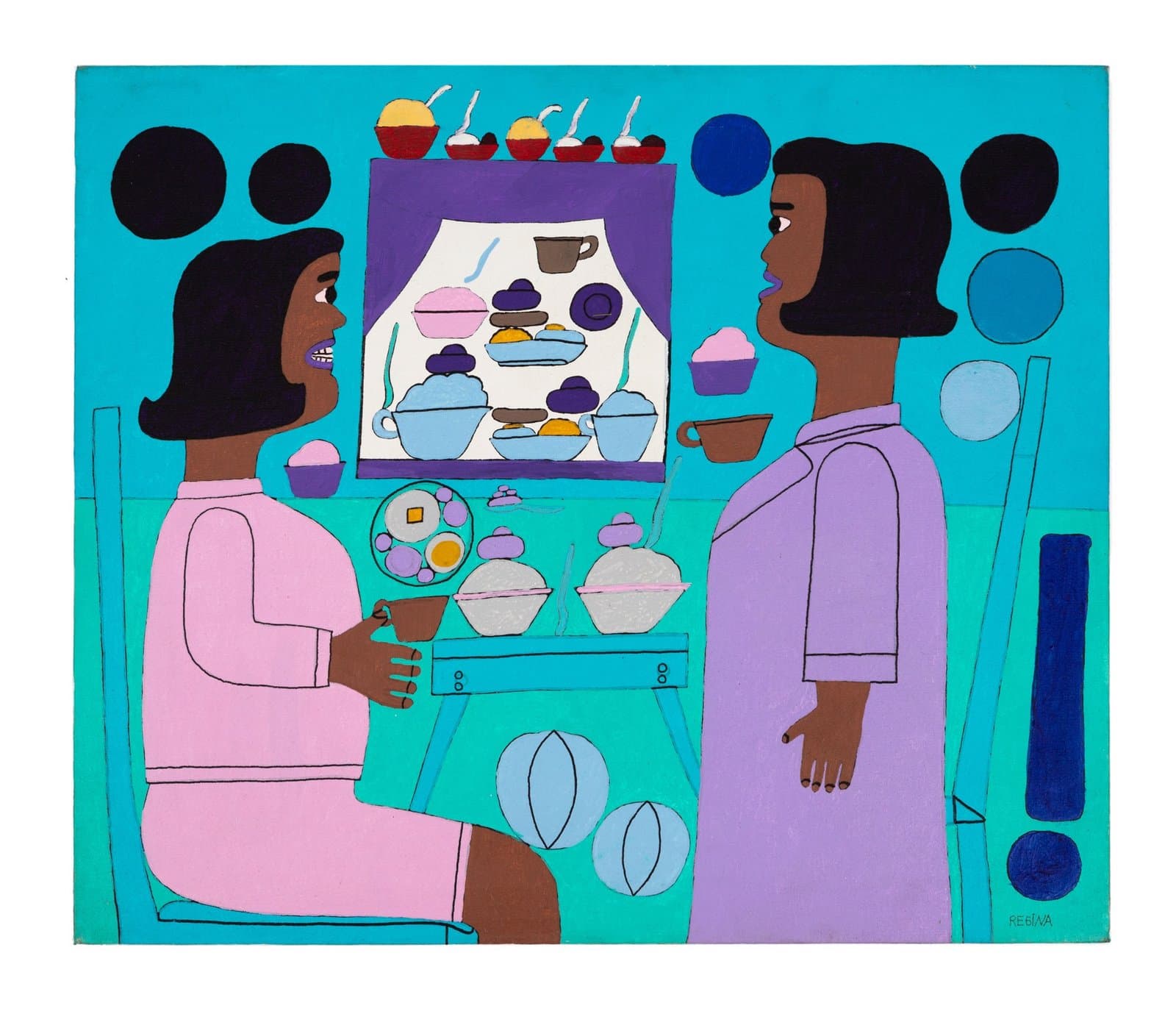 Acrylic painting showing two figures in pink and purple clothing standing at a turquoise kitchen stove with pots and pans
