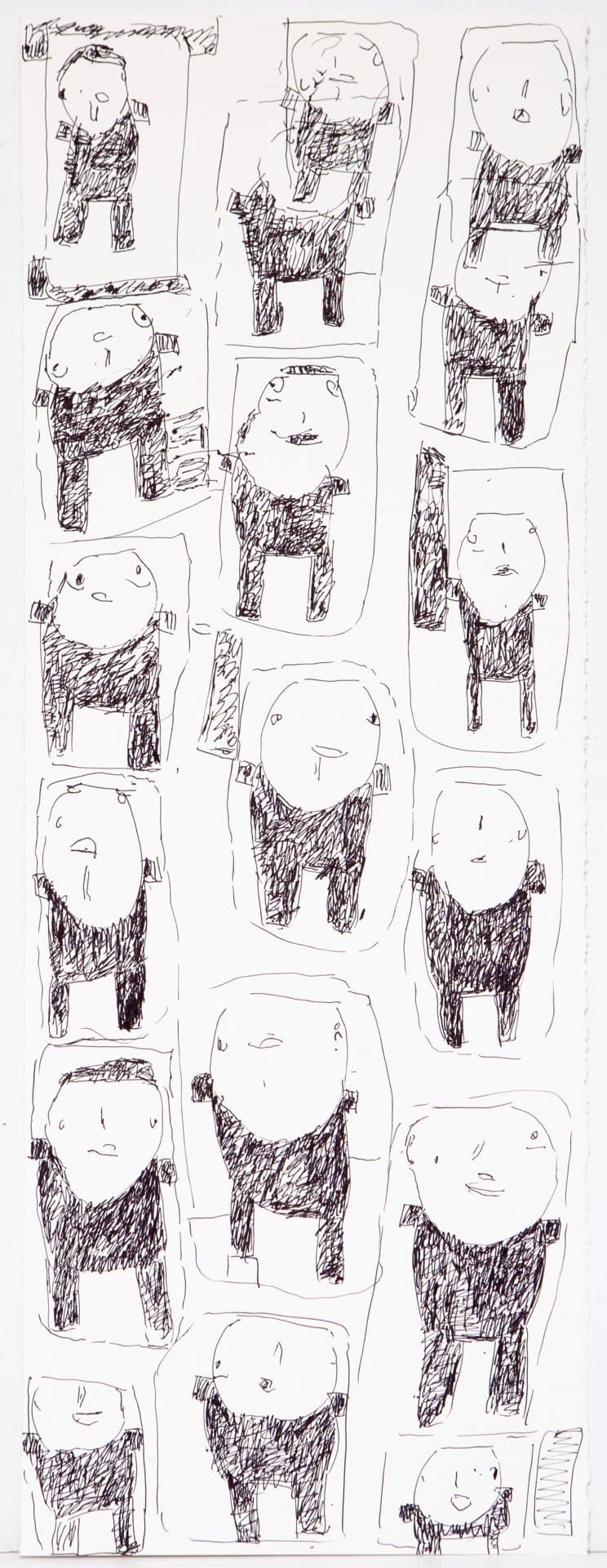Ink drawing on paper featuring multiple panels with repeated humanoid figures rendered in scribbled black lines