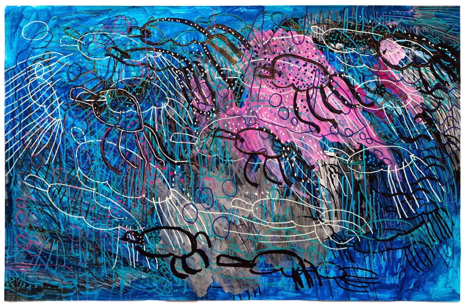Abstract mixed media drawing with energetic curved lines and circular forms in blue, pink, and gray on paper.