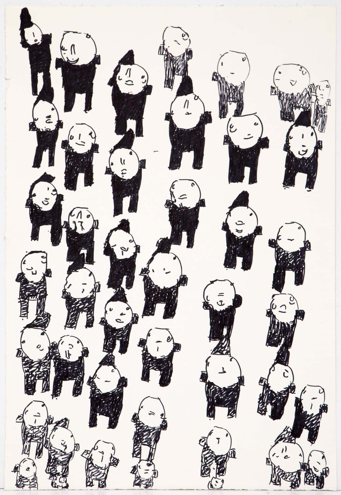 Ink drawing featuring multiple small humanoid figures with round heads and black bodies scattered across white paper.