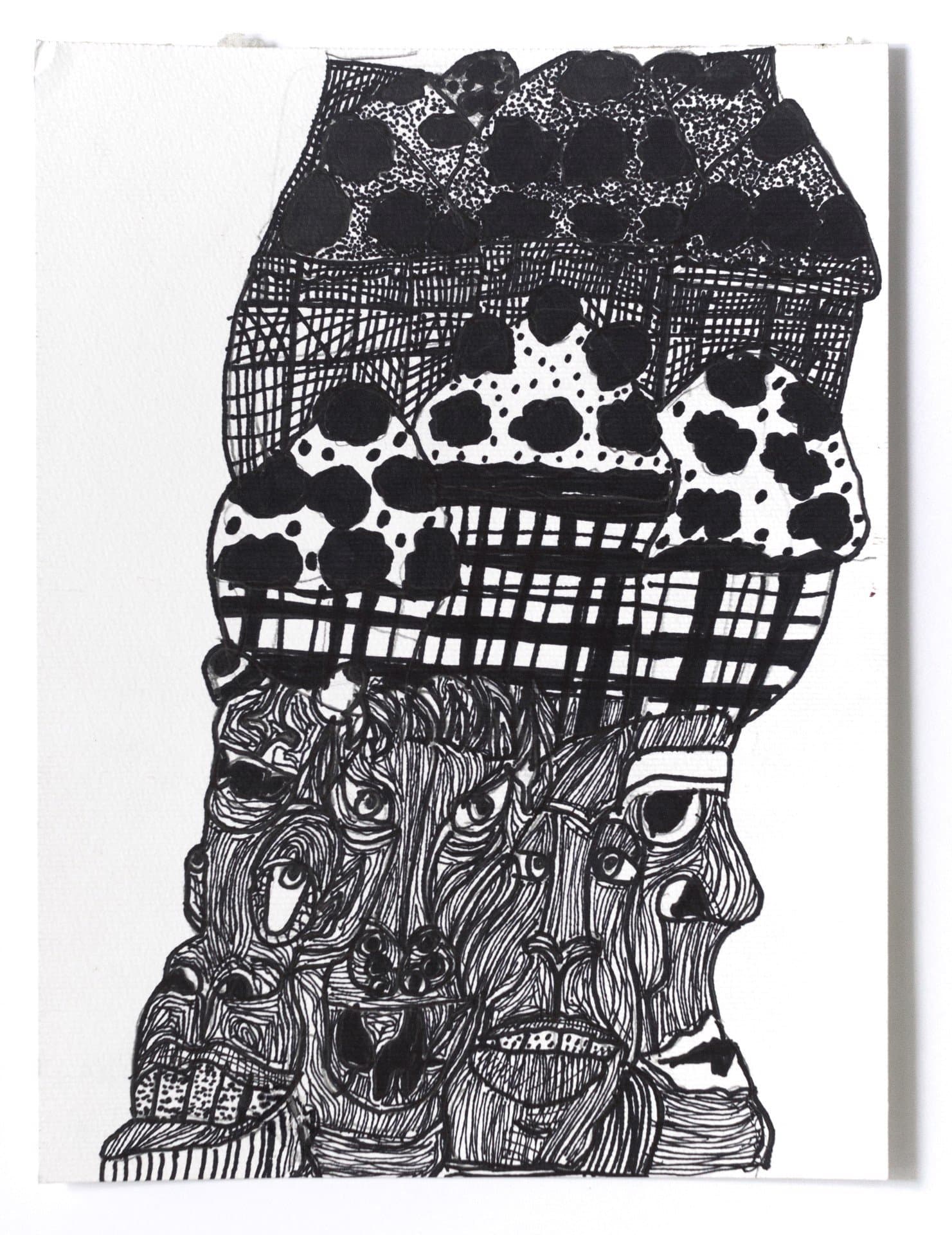 Black and white print showing an abstract vertical composition with varied patterns and textures