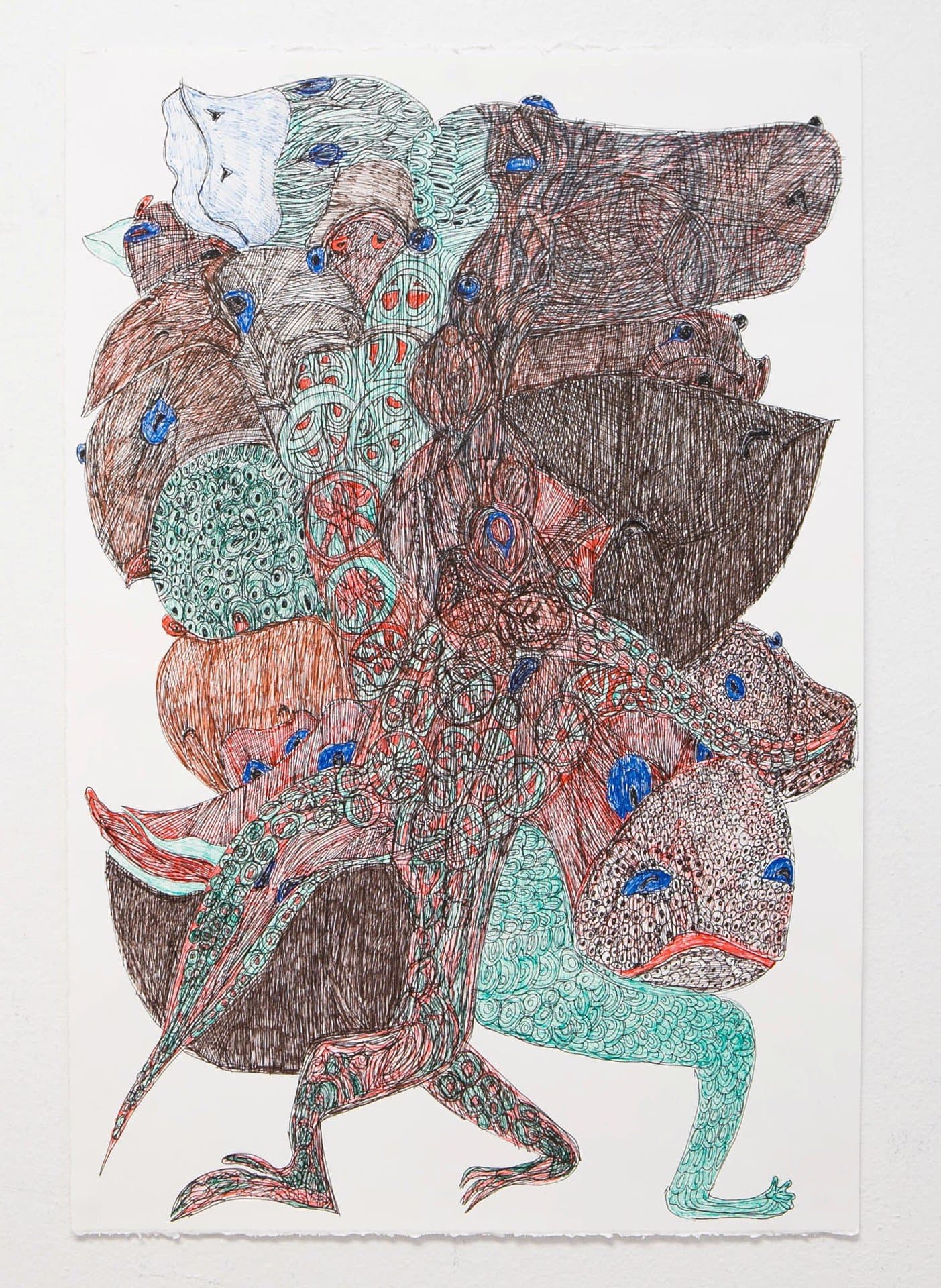 Drawing of fantastical creatures with intricate patterns in pen and colored pencil on paper