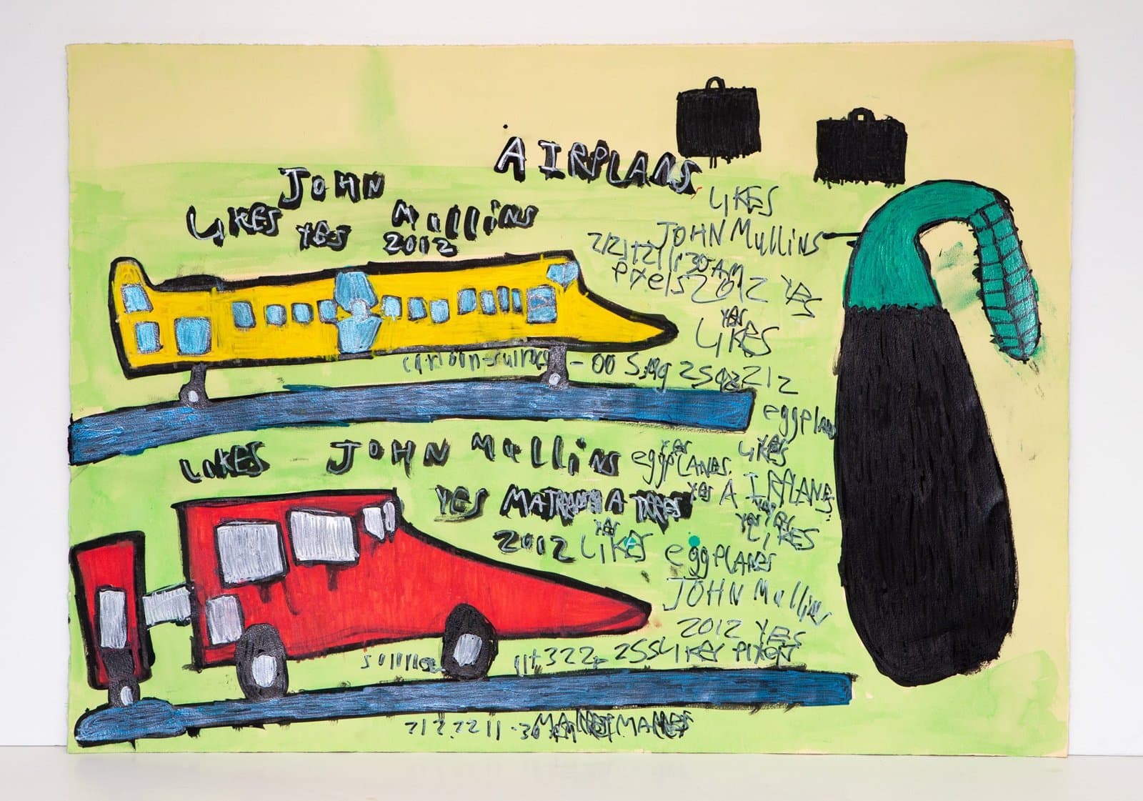 Mixed media drawing featuring yellow airplane, red bus, and figure with teal hair on green background with handwritten text