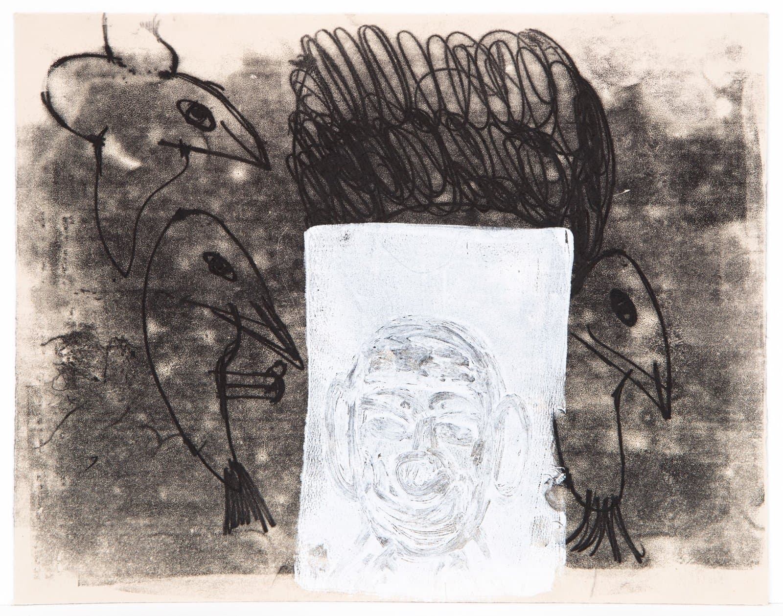 Mixed media drawing with three bird-like figures in black charcoal and a white rectangular portrait in the center on paper.