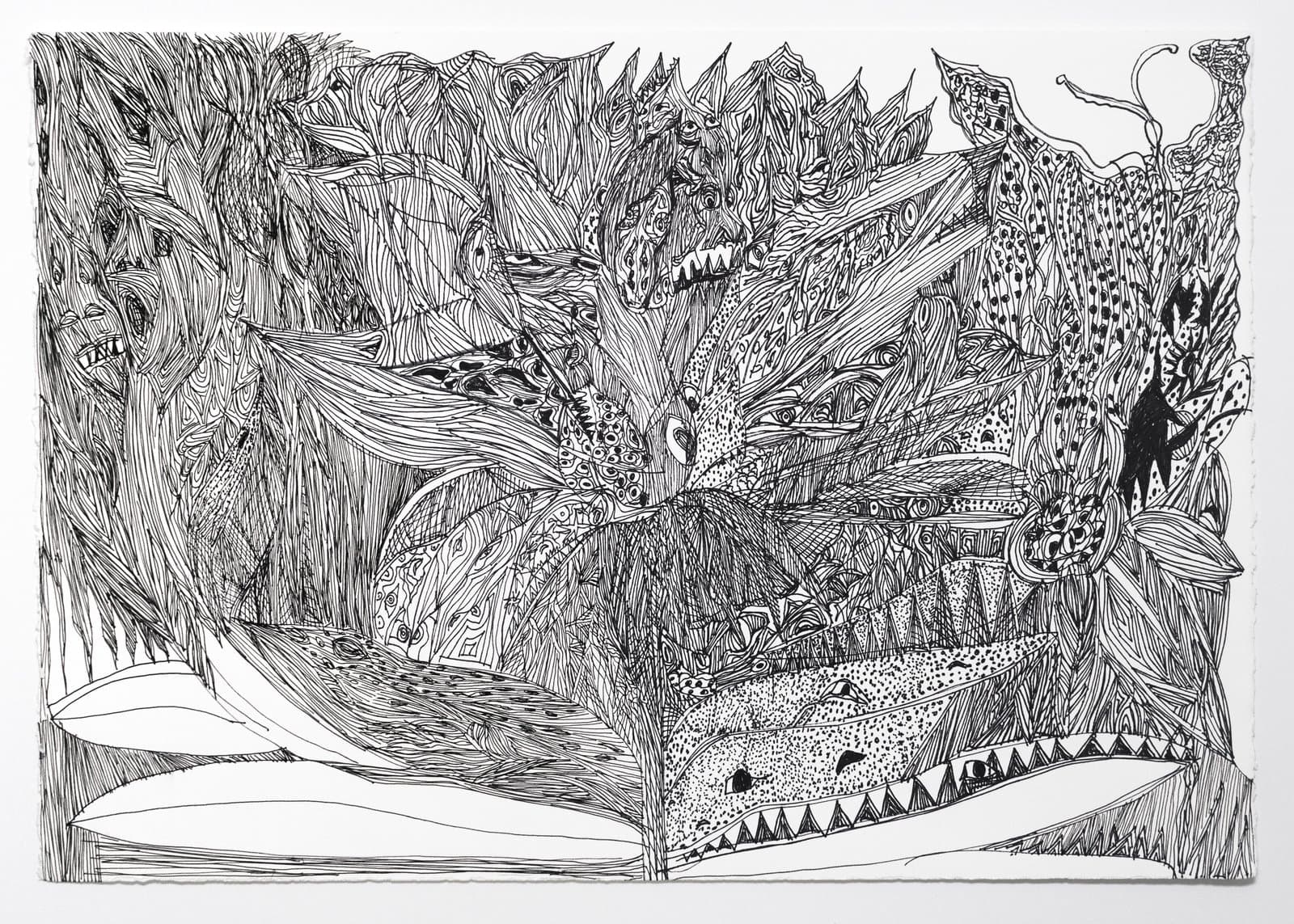 Dense black ink drawing on white paper filled with layered organic forms, foliage, and creature-like shapes.