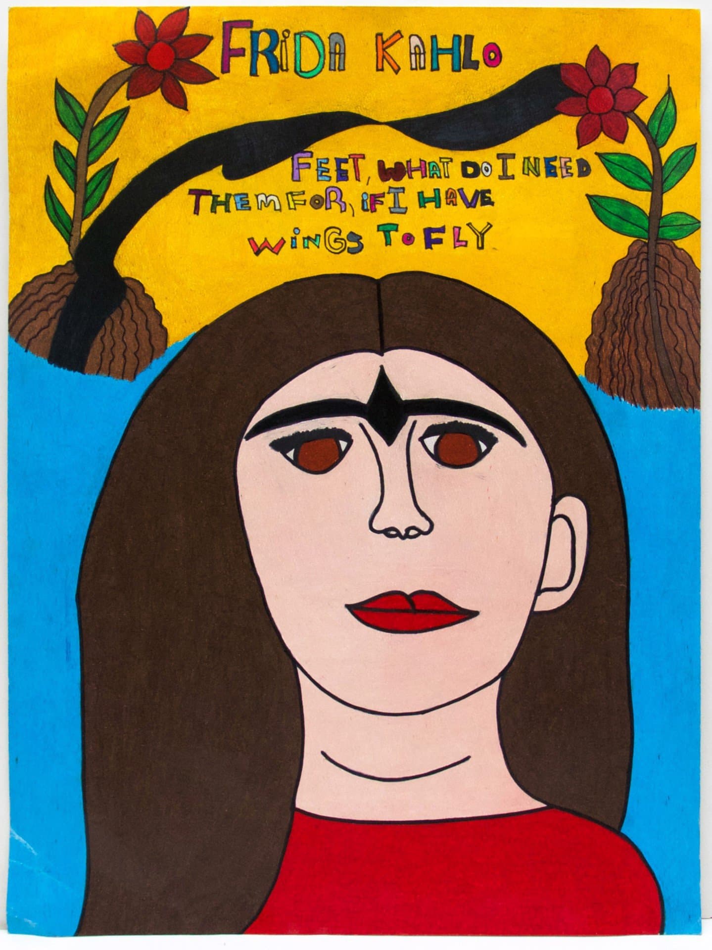 Folk art style painting of Frida Kahlo portrait with colorful text and floral border elements