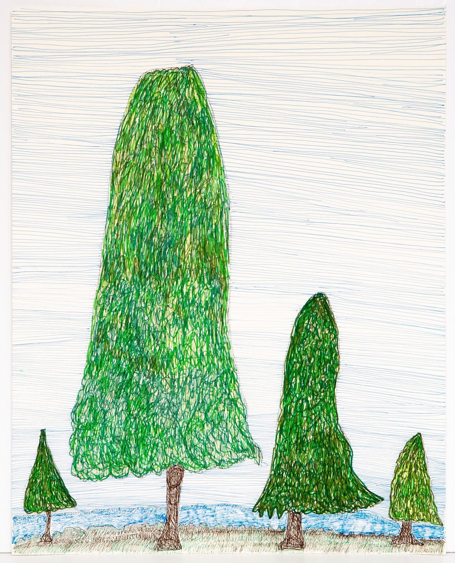 Pen drawing of five stylized trees with green foliage and brown trunks arranged across a landscape with blue water.