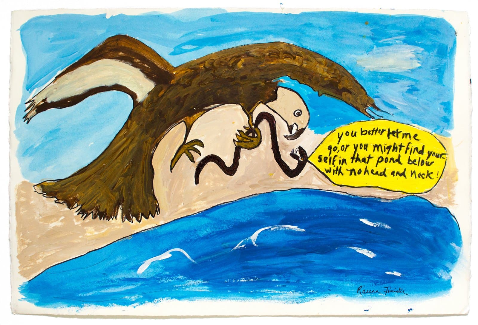 Acrylic and ink painting of a brown eagle clutching a snake mid-flight over water, with a yellow speech bubble containing text.