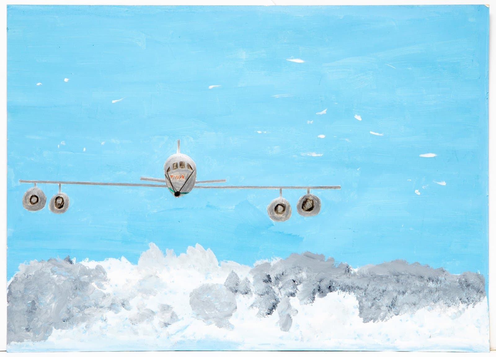 Painting of commercial aircraft flying above white and gray clouds against blue sky, appears to be watercolor