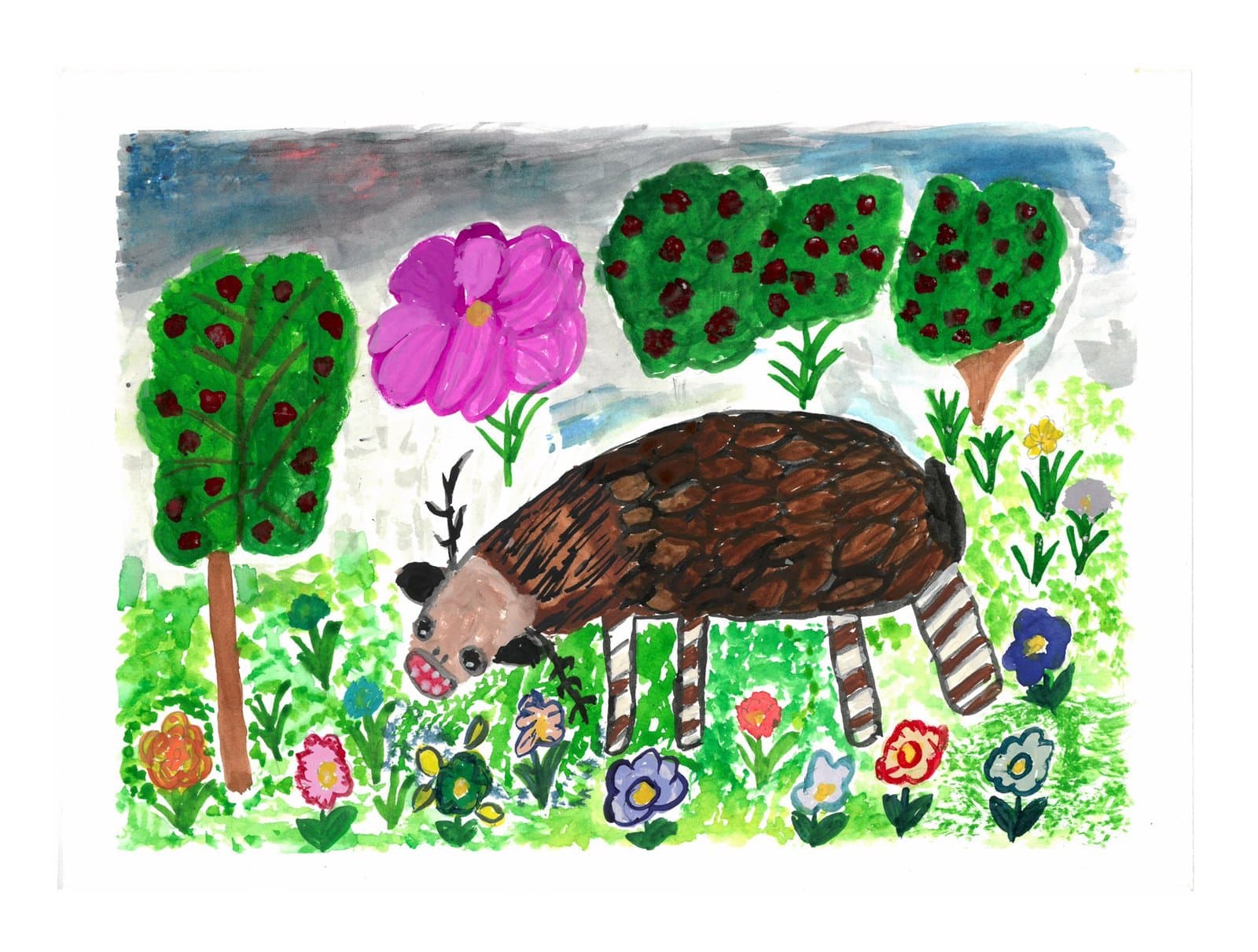 Watercolor and ink painting depicting a large hedgehog in a colorful garden with trees, flowers, and cloudy sky