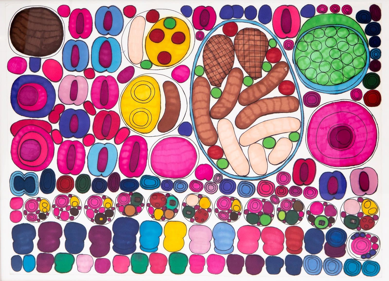 Colorful pen drawing featuring densely packed circular and oval forms in vibrant pink, blue, yellow, and green hues