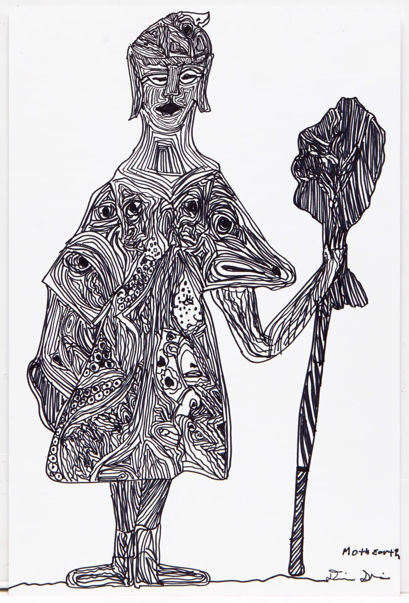 Ink drawing of a figure in ornate robes holding a staff, composed entirely of intricate linear patterns on white paper.