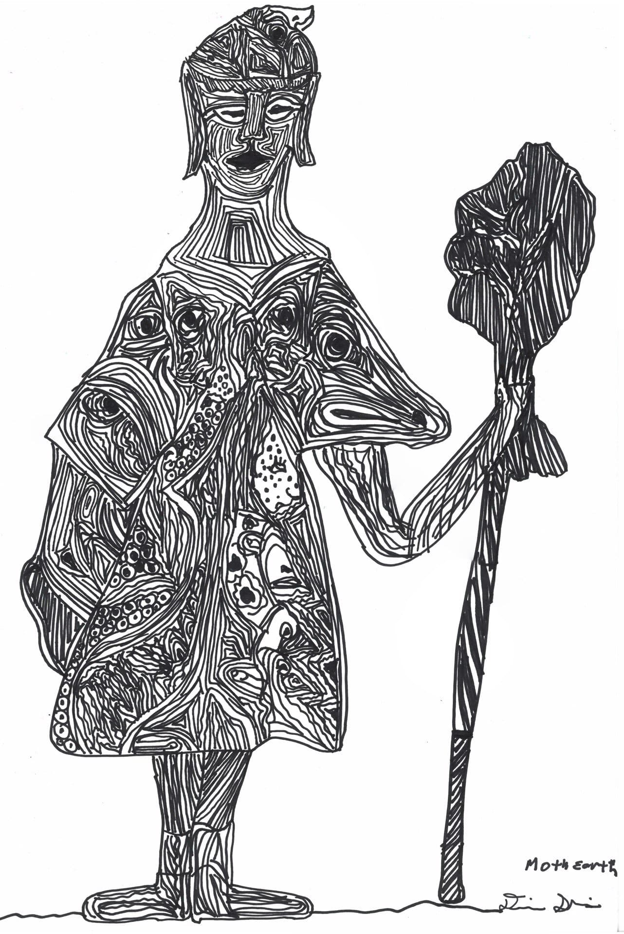 Black ink drawing of a standing figure holding a staff with an elaborate patterned robe and headdress on white paper.