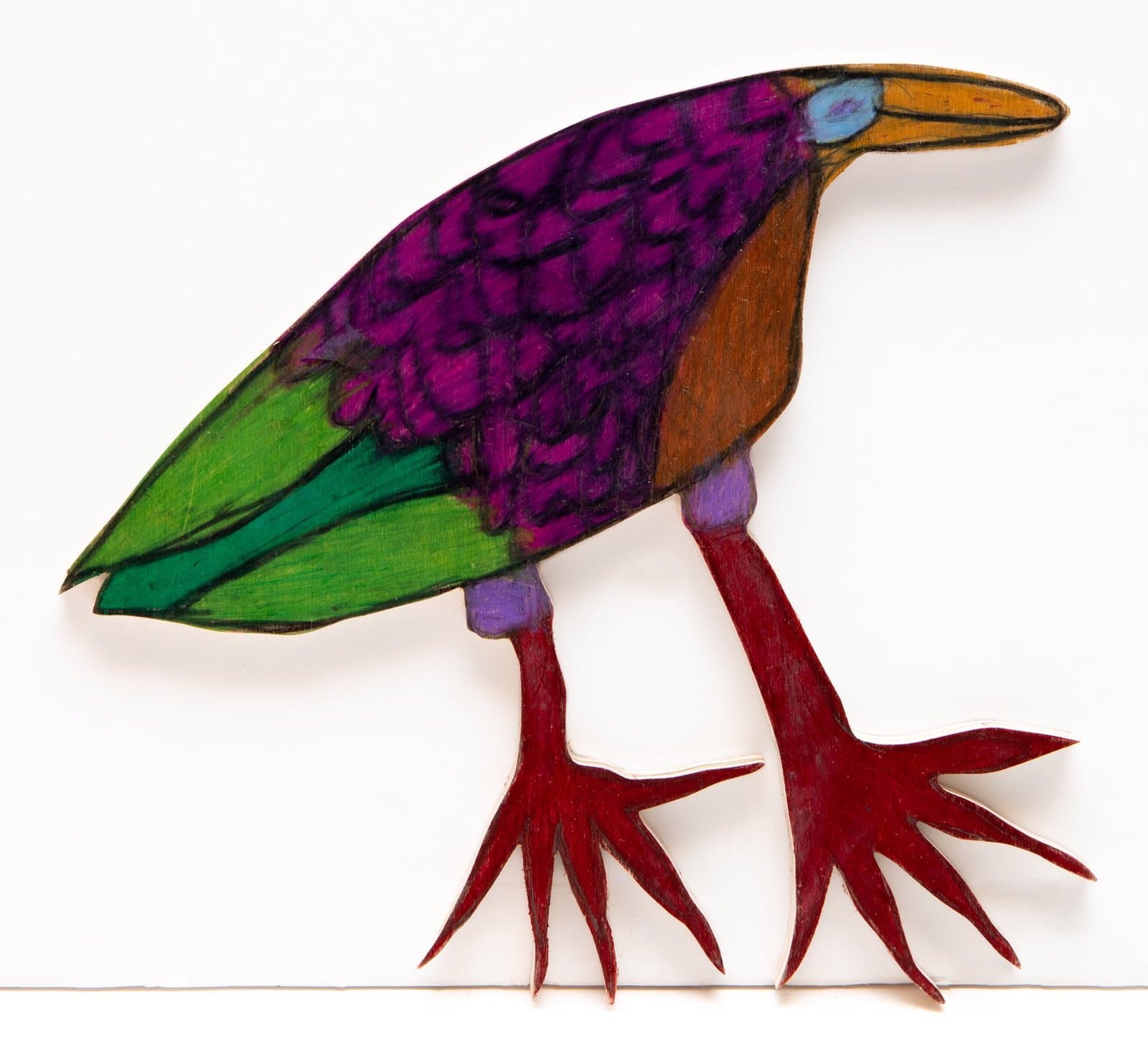 Colorful bird drawing in Prismastix on wood with purple body, green wing, orange beak, and red feet on white background.