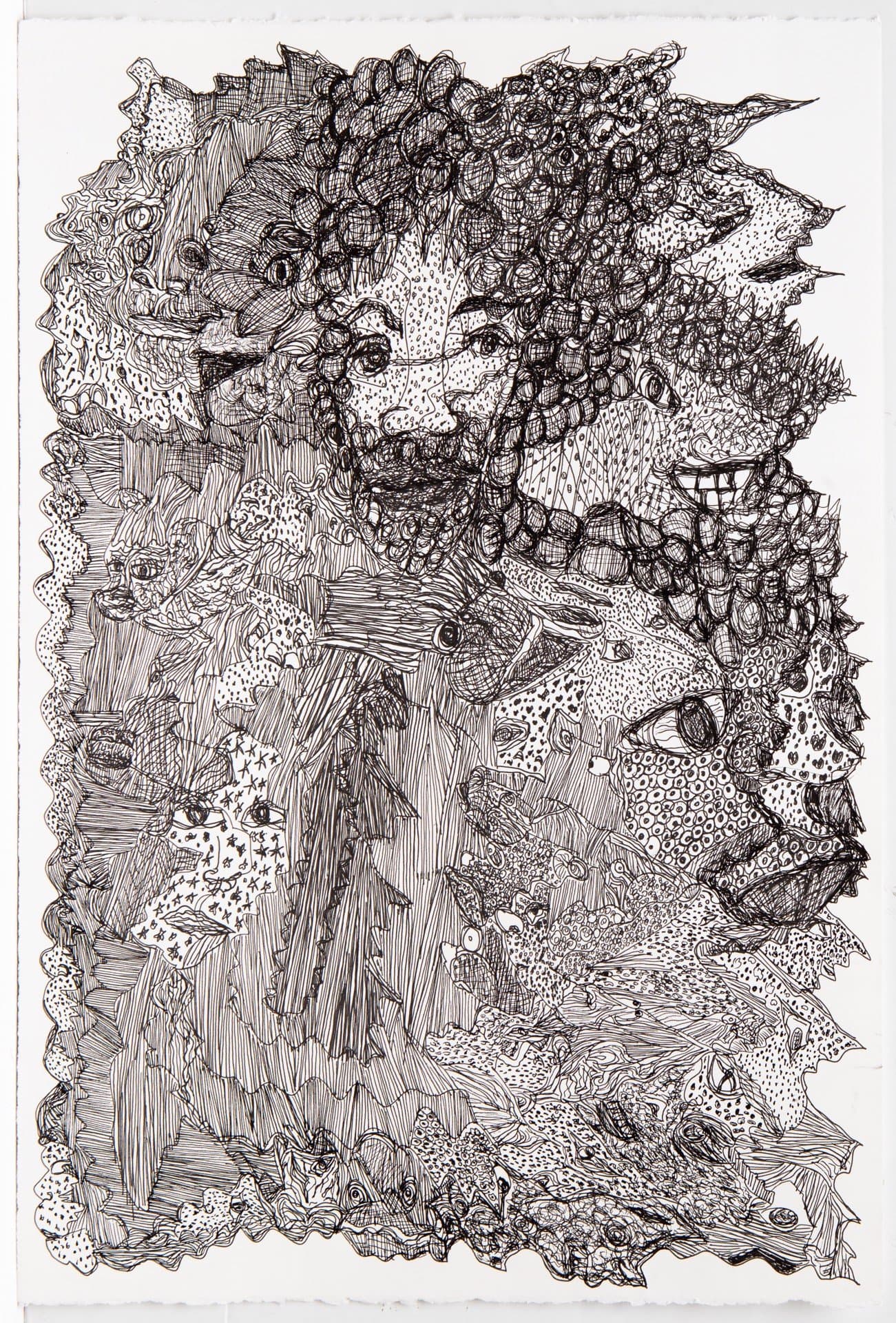 Detailed ink drawing featuring intricately patterned animal faces and forms densely covering the paper surface.