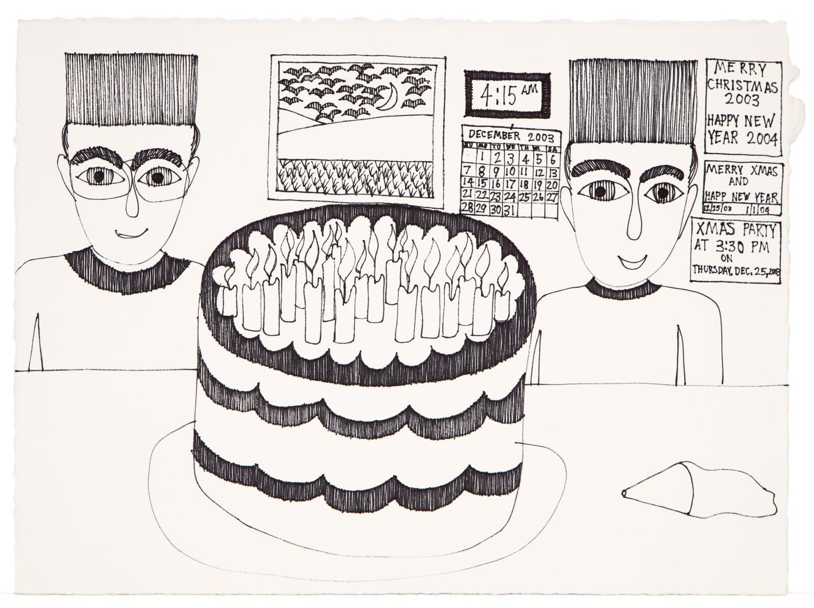 Ink drawing showing two figures with masks flanking a birthday cake, with calendar and text elements in background