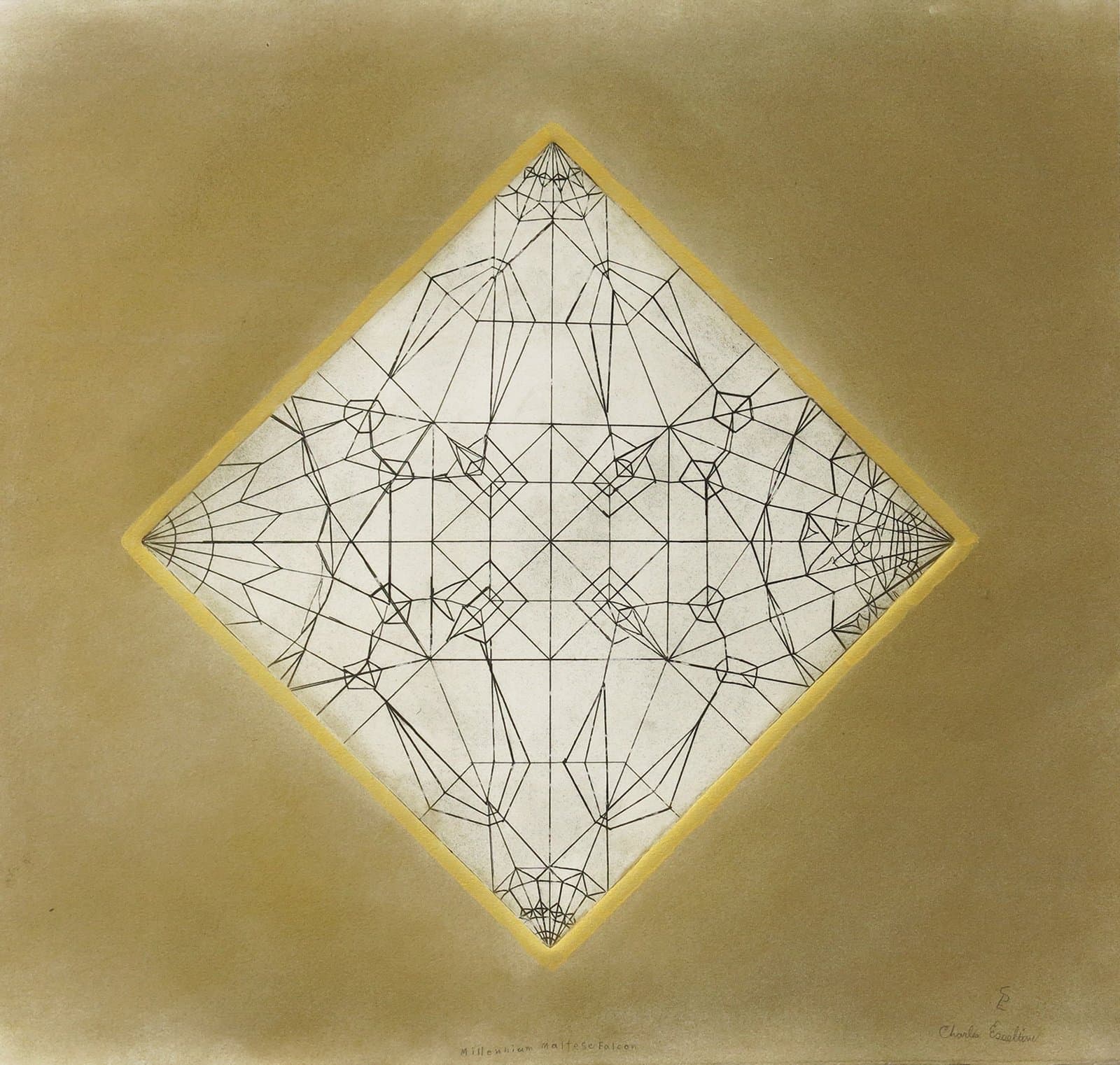 Diamond-shaped drawing with intricate geometric line patterns on cream paper with yellow border