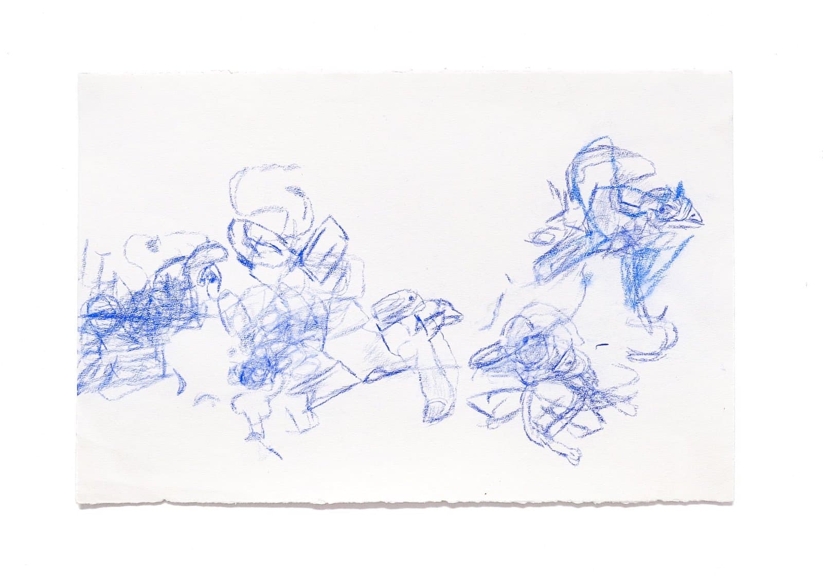 Abstract drawing in blue colored pencil showing loose, energetic line work with multiple overlapping forms on white paper