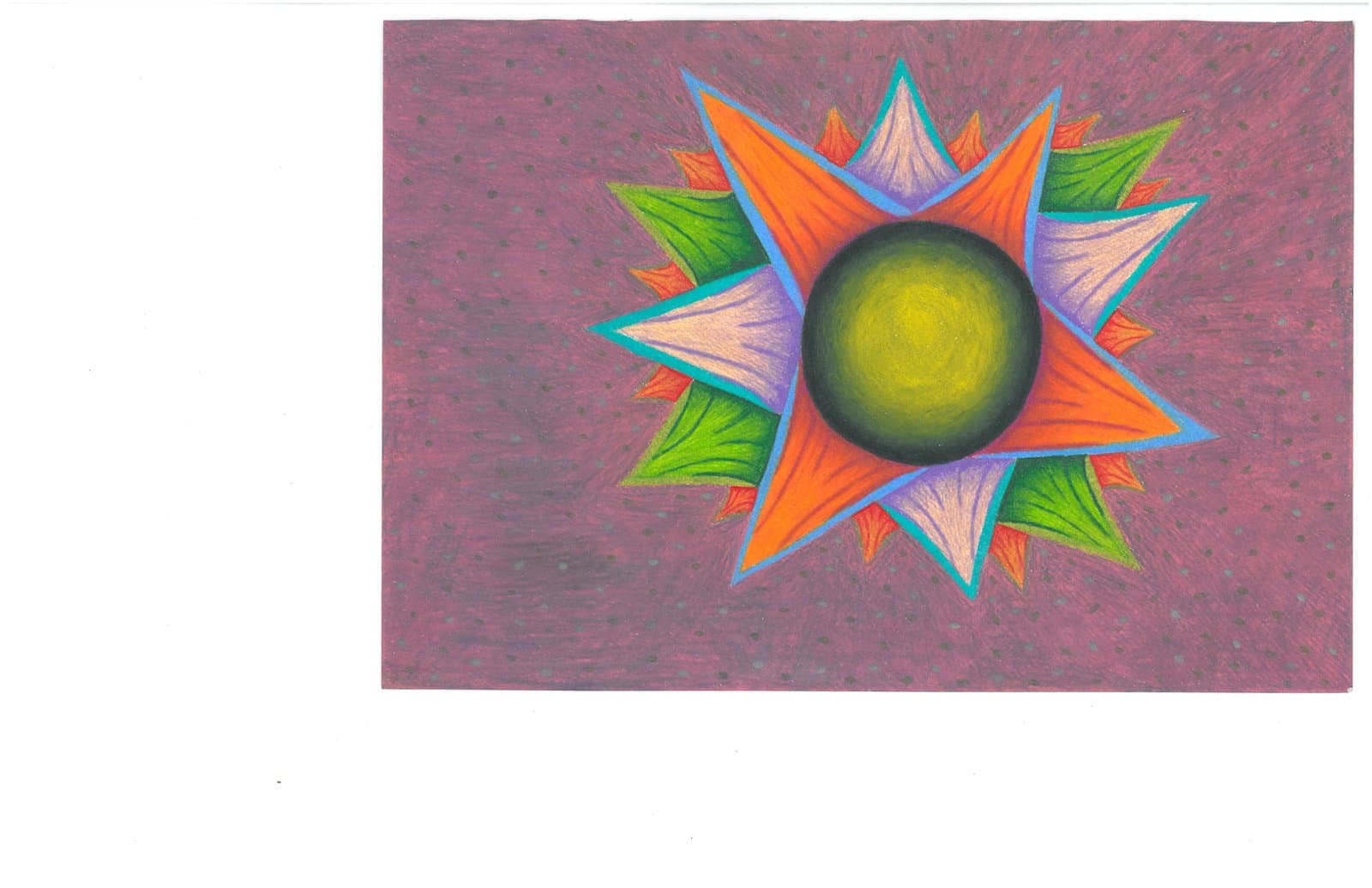 Colored pencil drawing of a starburst form with layered points in orange, green, and lavender around a dark olive circle on a mauve background.
