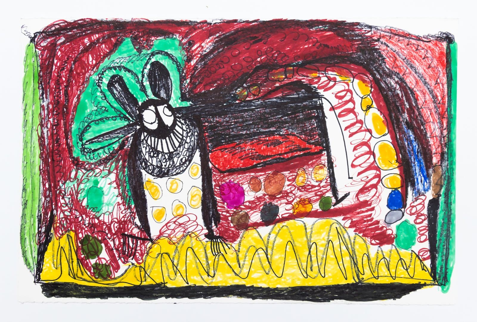 Ink drawing of a stylized black animal figure amid vivid red, yellow, green, and multicolored dot patterns on paper.