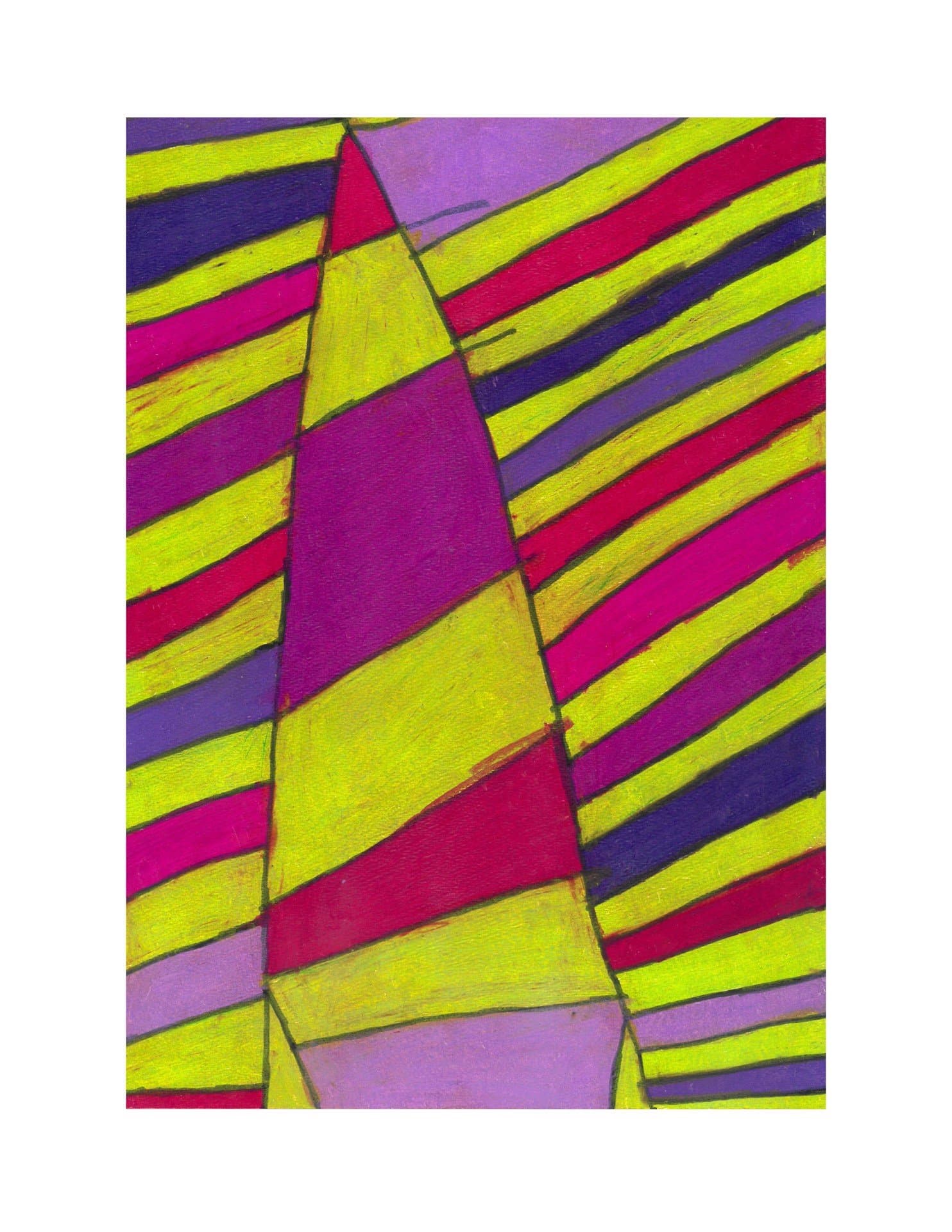 Abstract geometric drawing with diagonal stripes in bright yellow, magenta, and purple colored pencil