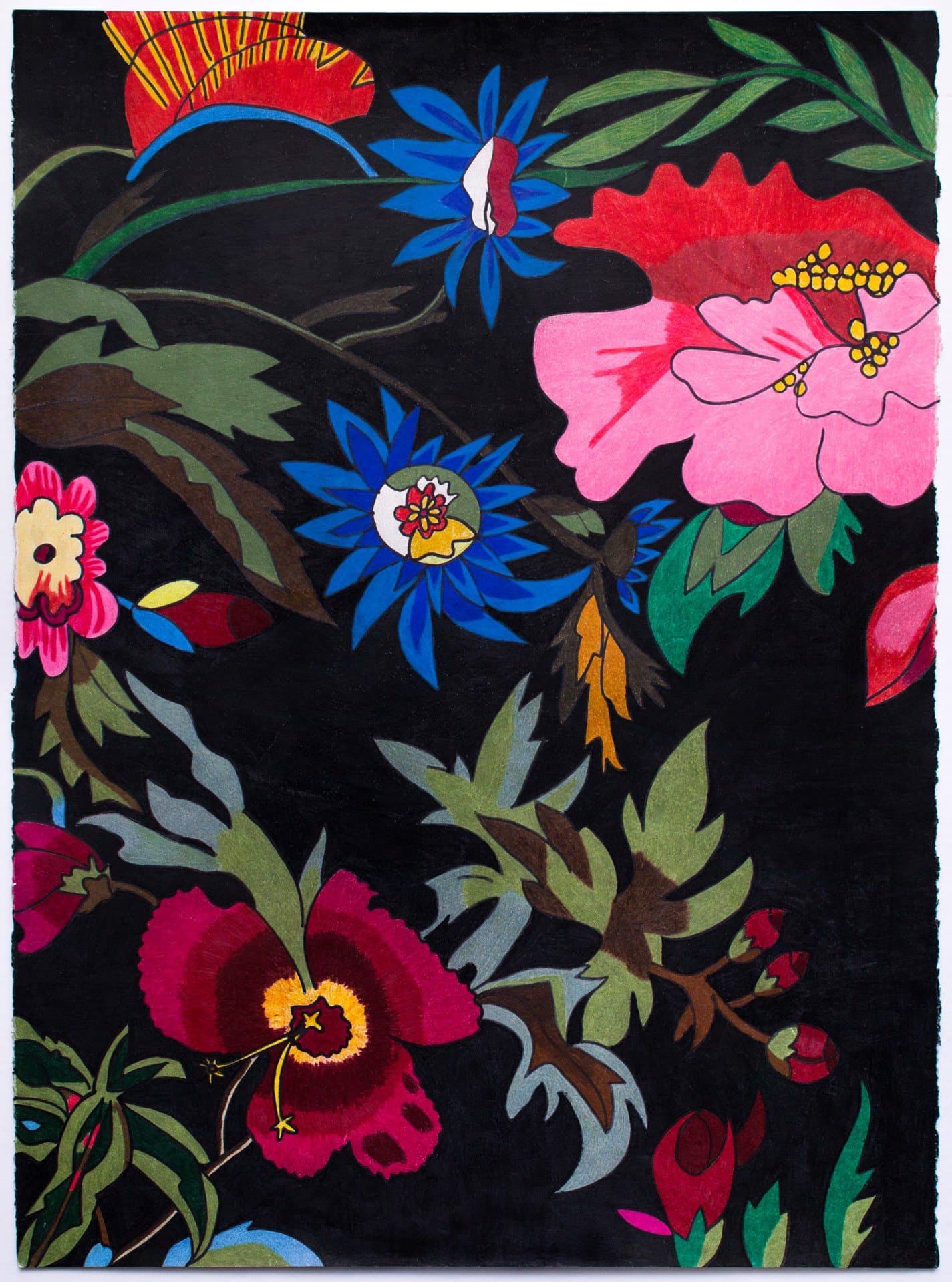 Colorful floral painting with vibrant blooms and foliage against black background, mixed media