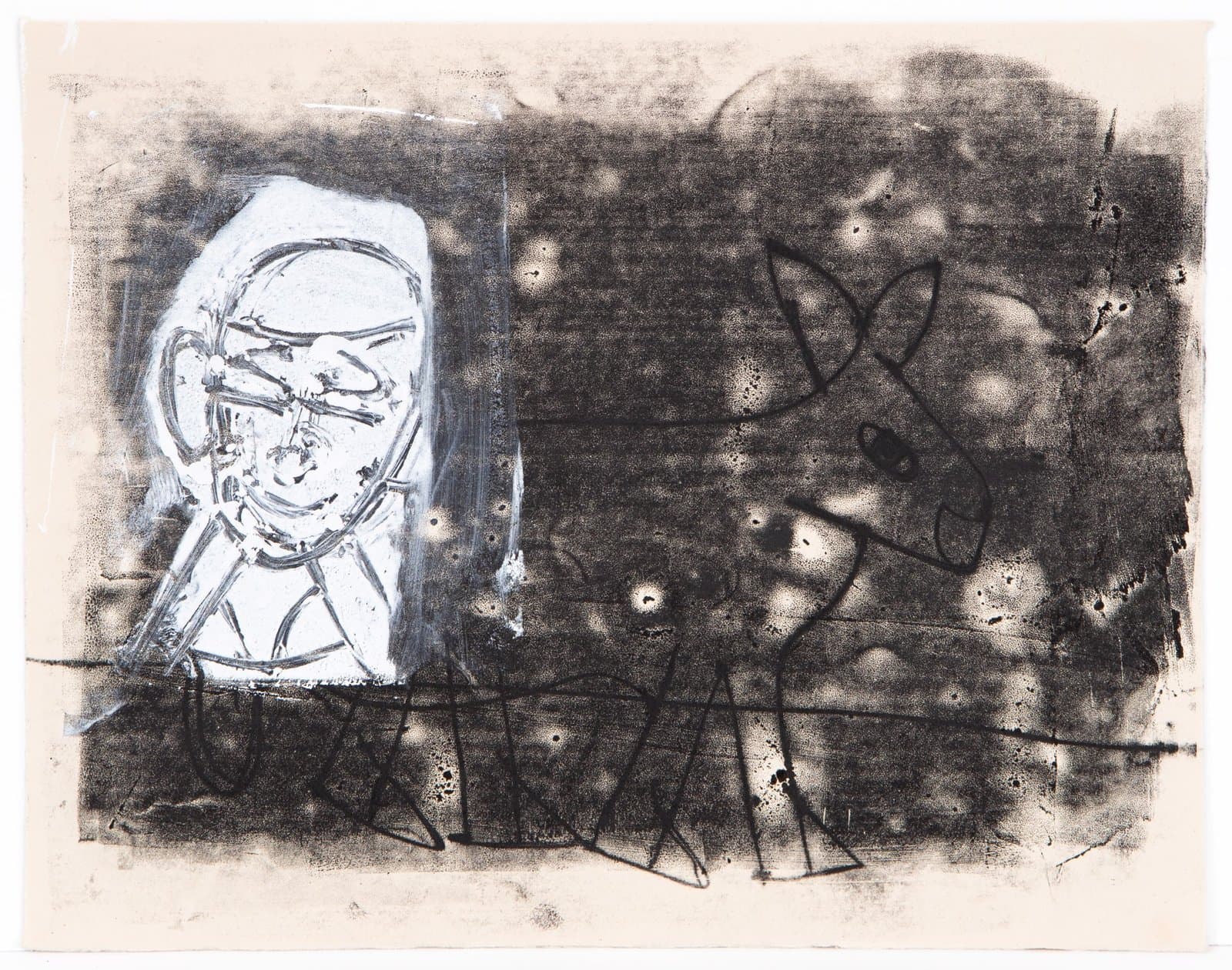 Mixed media drawing with white rectangular figure on left and dark gestural forms on cream paper