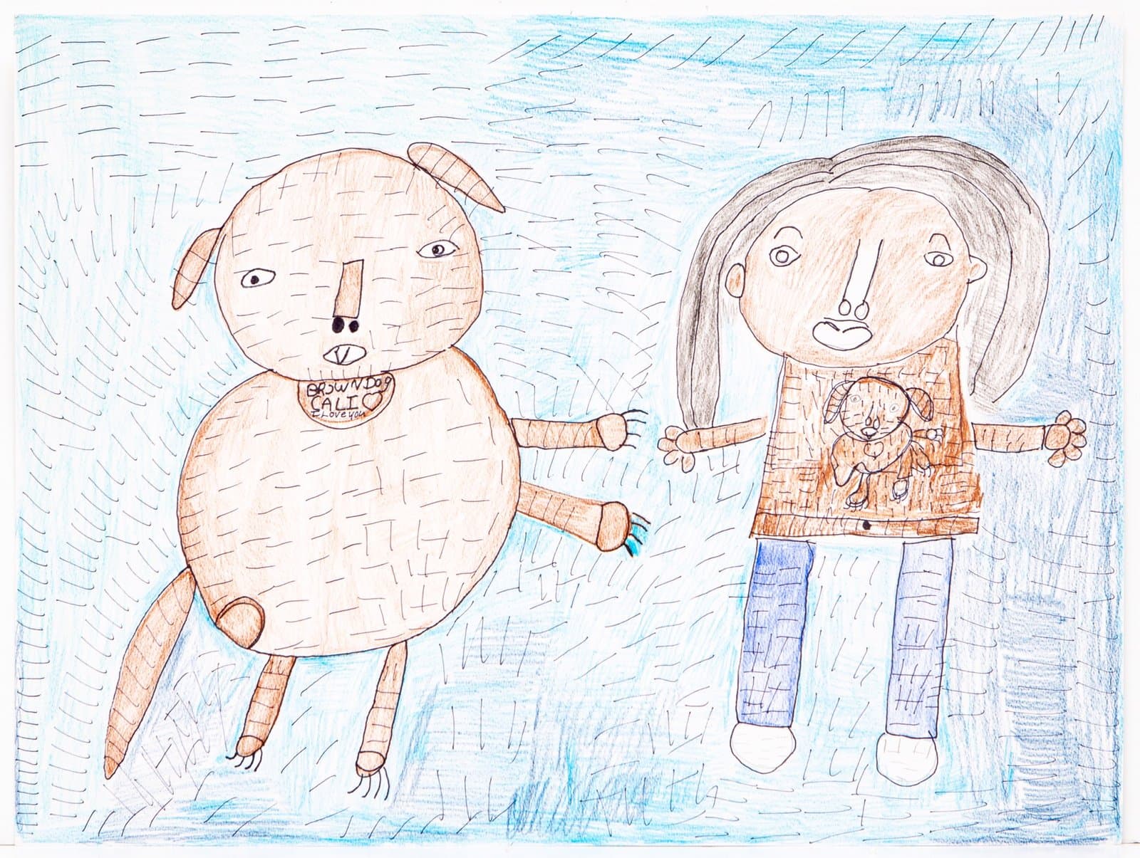 Drawing in colored pencil showing a dog-like figure and a person holding hands against a blue crosshatched background.