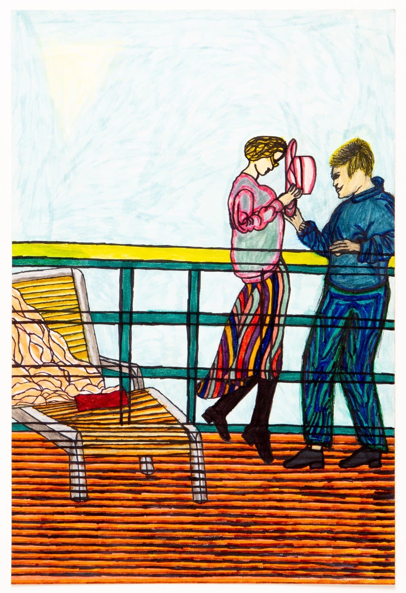 Ink drawing of two figures on a ship deck with railings, one in pink holding a mirror, one in blue hoodie.