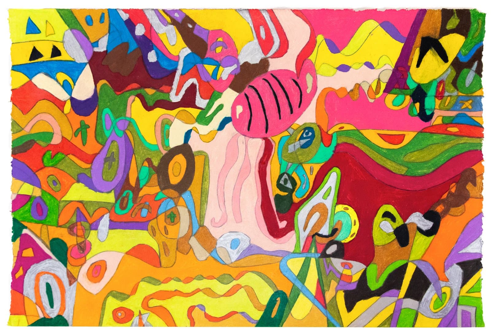 Dense abstract colored pencil drawing filled with interlocking biomorphic shapes in vivid yellow, red, pink, green, and purple.