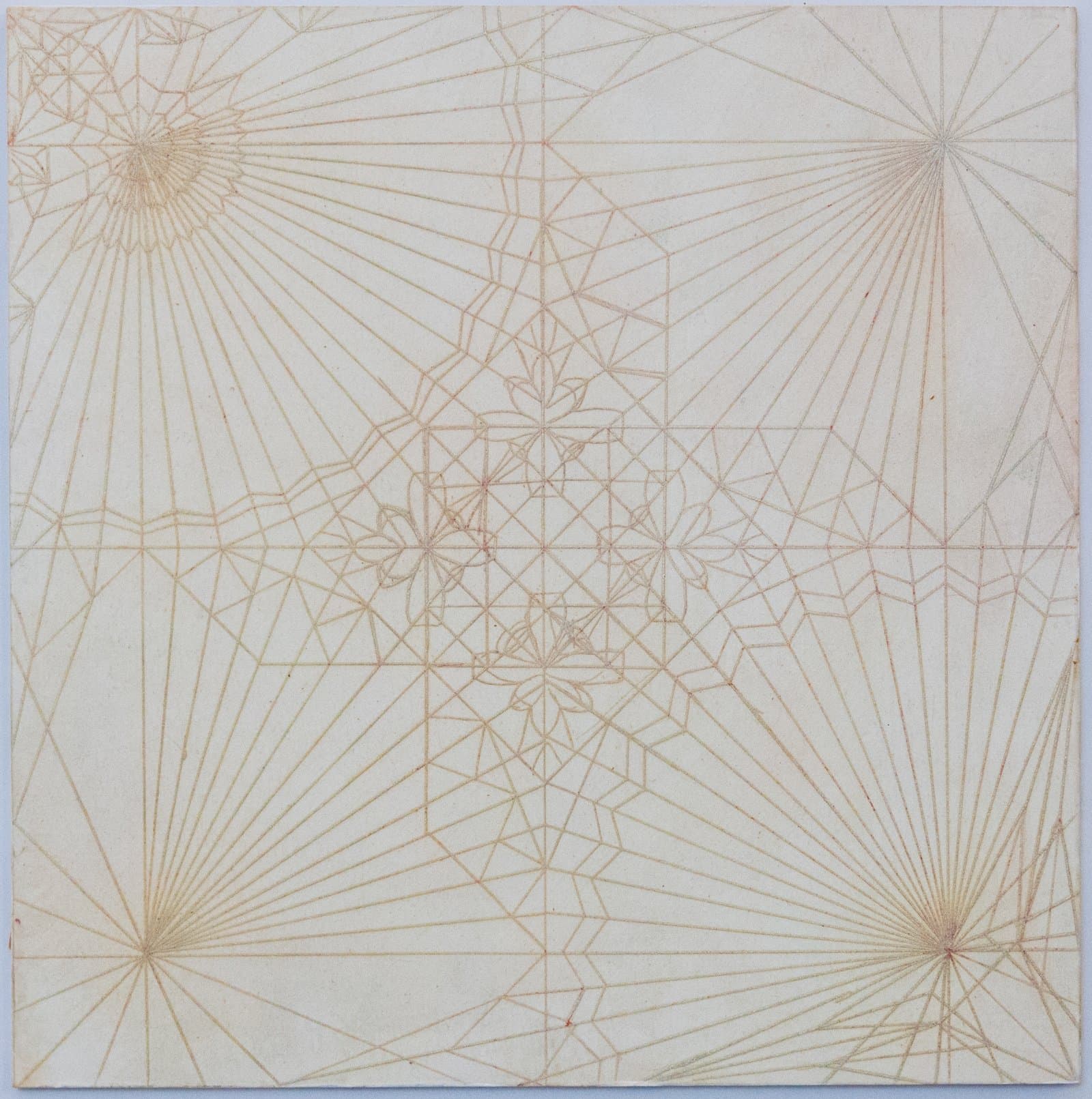 Geometric drawing in pale orange pencil with radiating lines, star bursts at corners, and intricate lattice pattern at center on cream paper.