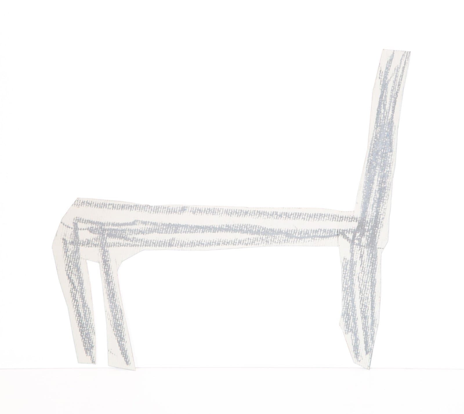 Paper cutout drawing of a chair in profile rendered in gray Art Stix on white paper.