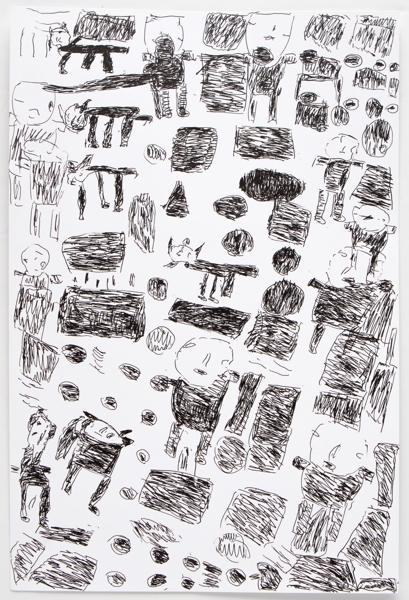 Black marker drawing on white paper featuring scattered figures, furniture, and geometric shapes in loose, energetic linework.