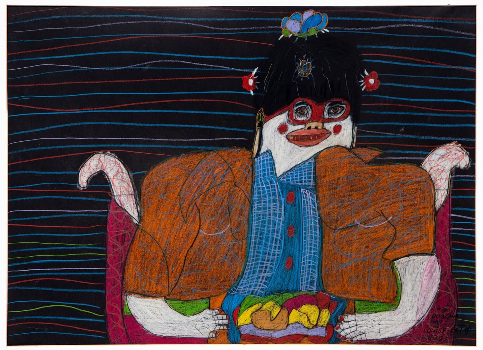 Colorful drawing of a figure with black hair and white face seated in red chair, wearing orange jacket and blue shirt