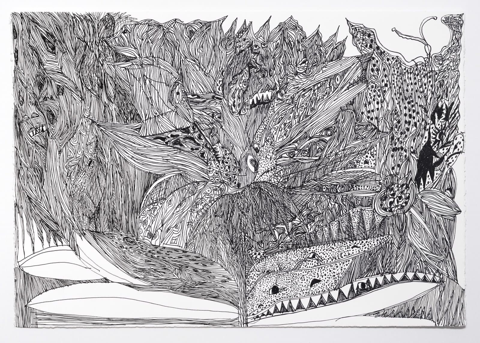 Black ink drawing of an open book with fantastical jungle scene emerging from pages, featuring dense vegetation and creatures