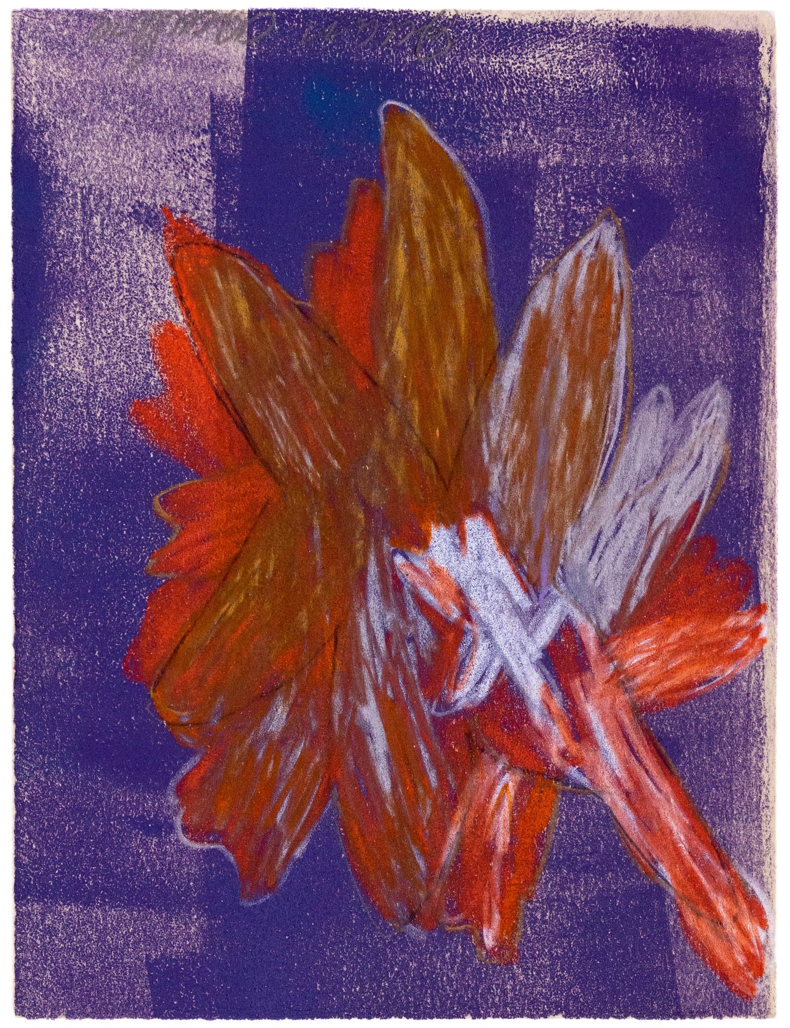 Monoprint with a loose floral or leaf-like form in red, brown, and lavender on a violet checkered background.
