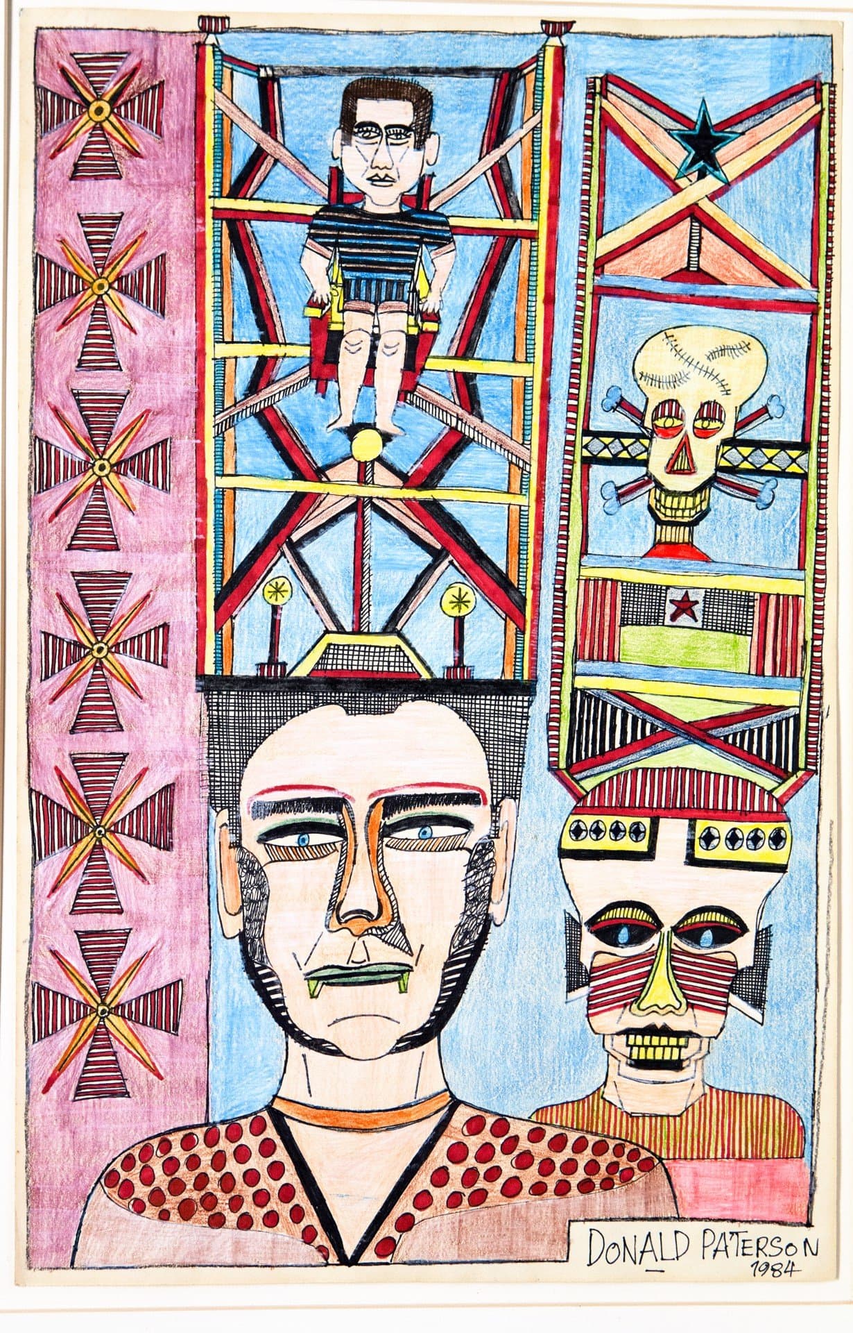 Color pencil drawing with geometric patterns, human figures, masks, and skull imagery in bright colors